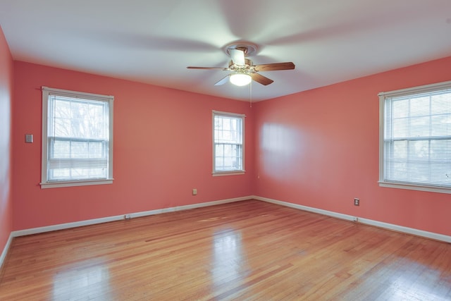 empty room featuring ceiling fan and light hardwood / wood-style flooring