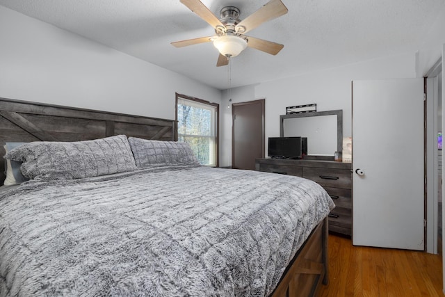 bedroom featuring ceiling fan and dark hardwood / wood-style floors