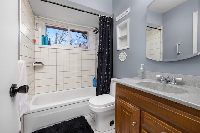 full bathroom featuring toilet, shower / tub combo, tile patterned floors, and vanity