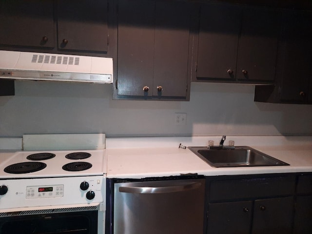 kitchen with stainless steel dishwasher, extractor fan, white electric stove, and sink