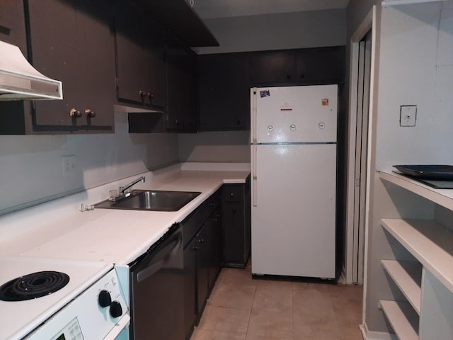 kitchen featuring white fridge, light tile patterned floors, black dishwasher, custom range hood, and sink