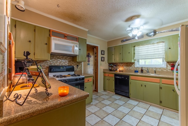 kitchen with white appliances, a textured ceiling, decorative backsplash, sink, and crown molding