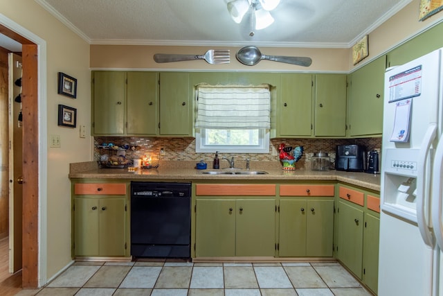 kitchen featuring black dishwasher, tasteful backsplash, white fridge with ice dispenser, a textured ceiling, and sink