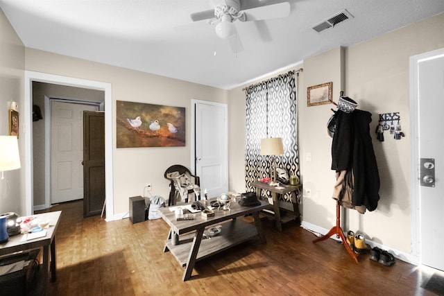 living room with ceiling fan and hardwood / wood-style floors