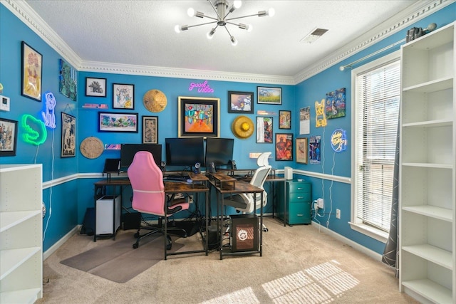 home office with light carpet, a textured ceiling, a chandelier, and crown molding