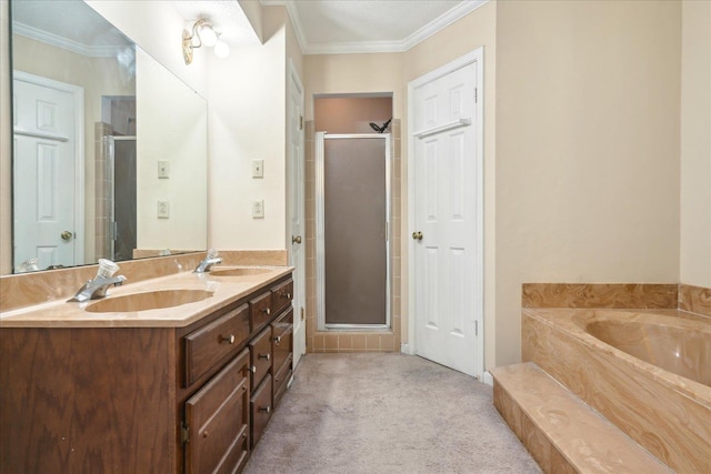 bathroom featuring separate shower and tub, vanity, and crown molding