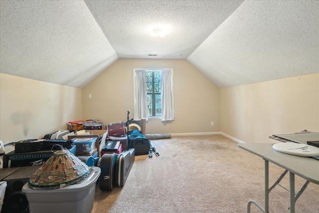 additional living space with lofted ceiling, light carpet, and a textured ceiling