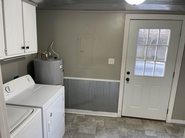 clothes washing area with cabinets, electric panel, water heater, and washing machine and clothes dryer