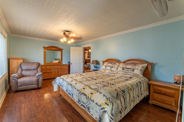 bedroom with ceiling fan, dark hardwood / wood-style flooring, and crown molding