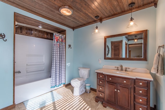 bathroom with vanity, wood ceiling, shower / tub combo with curtain, and crown molding