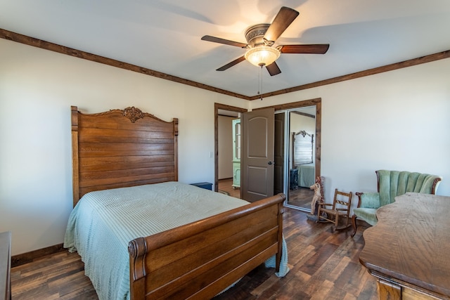 bedroom featuring ceiling fan, dark hardwood / wood-style flooring, and crown molding