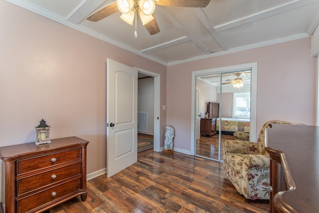 living area featuring dark wood-type flooring, crown molding, coffered ceiling, and ceiling fan