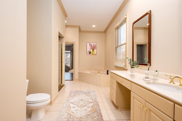 full bathroom with toilet, separate shower and tub, tile patterned flooring, crown molding, and vanity