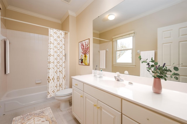 full bathroom with tile patterned flooring, vanity, shower / bath combination with curtain, toilet, and ornamental molding