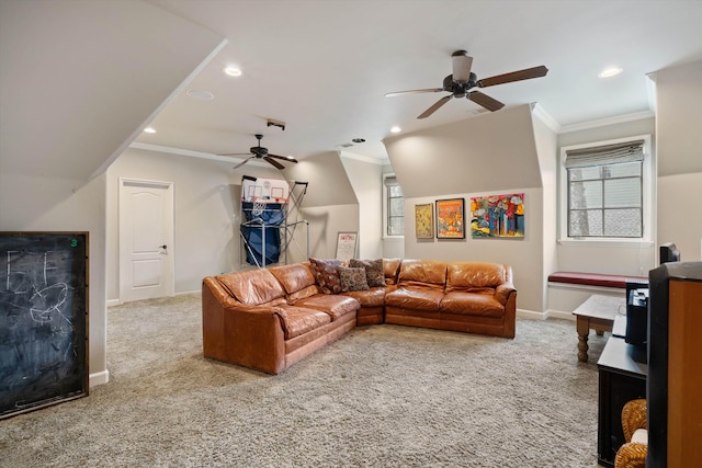 carpeted living room featuring ceiling fan and crown molding