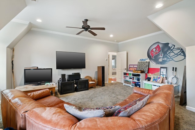 carpeted living room with ceiling fan and crown molding