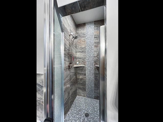 bathroom featuring a shower with door