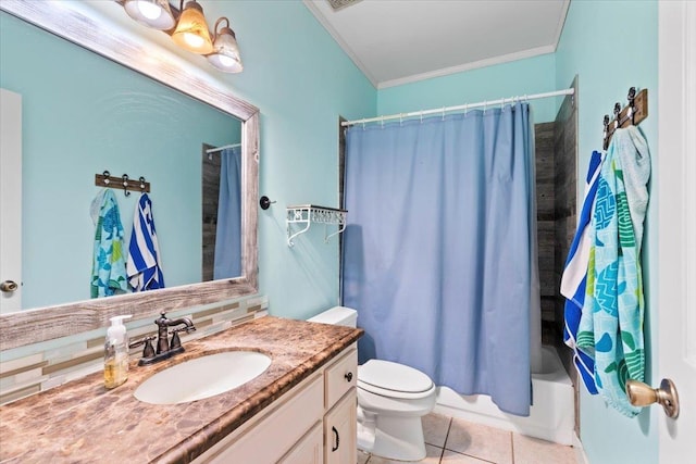 full bathroom with tile patterned flooring, crown molding, shower / bath combo, and tasteful backsplash