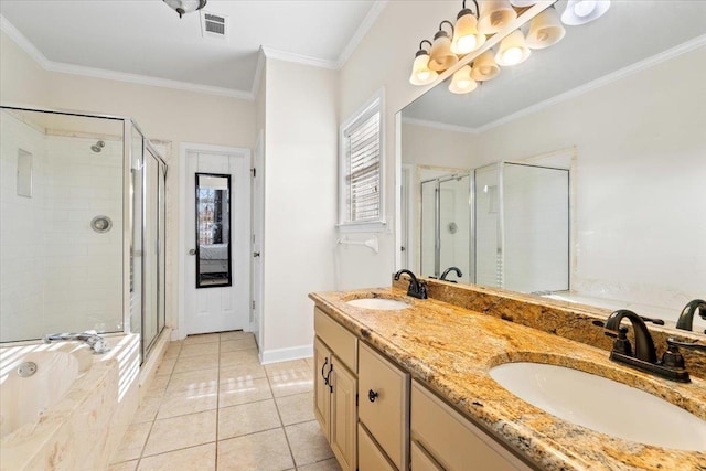 bathroom with tile patterned floors, vanity, ornamental molding, and separate shower and tub