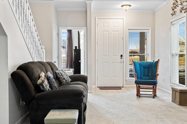 interior space with light carpet and crown molding