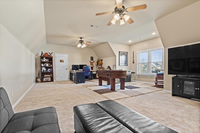 recreation room with ceiling fan, light carpet, and vaulted ceiling