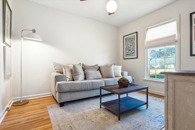 living room with ceiling fan and wood-type flooring