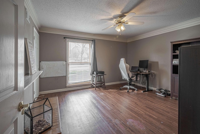 office with ceiling fan, wood-type flooring, and ornamental molding