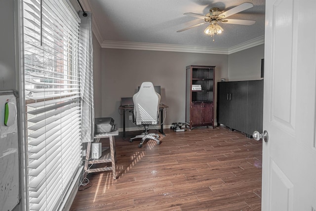 office space with ceiling fan, dark hardwood / wood-style flooring, crown molding, and a textured ceiling