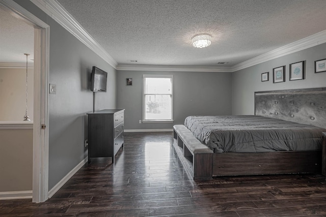 bedroom with a textured ceiling, dark wood-type flooring, and ornamental molding