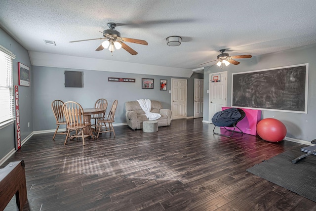 living area featuring lofted ceiling, ceiling fan, dark hardwood / wood-style floors, and a textured ceiling