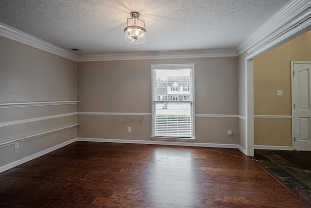 unfurnished room featuring a textured ceiling, dark hardwood / wood-style floors, and crown molding