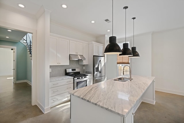 kitchen featuring white cabinetry, appliances with stainless steel finishes, a kitchen island with sink, light stone counters, and sink