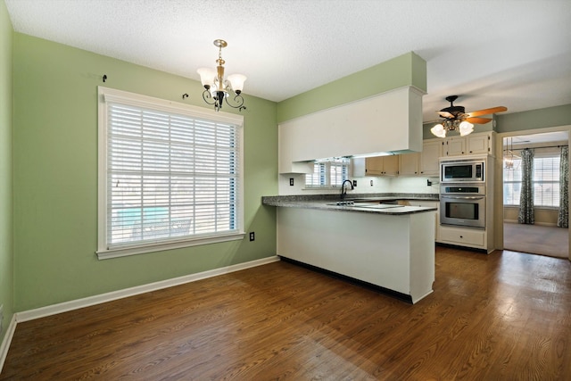 kitchen with kitchen peninsula, plenty of natural light, stainless steel appliances, and pendant lighting