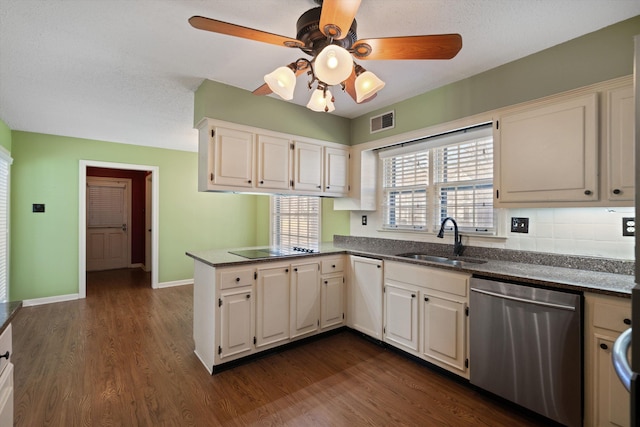 kitchen with stainless steel dishwasher, kitchen peninsula, sink, white cabinetry, and dark wood-type flooring