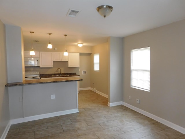 kitchen featuring kitchen peninsula, decorative light fixtures, white appliances, white cabinets, and sink