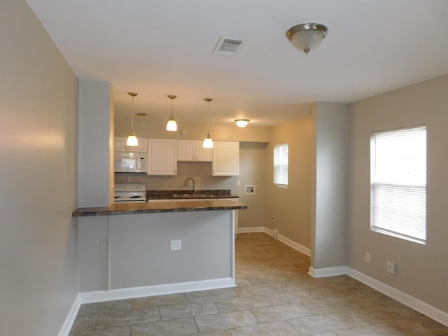 kitchen featuring white appliances, pendant lighting, white cabinetry, sink, and kitchen peninsula