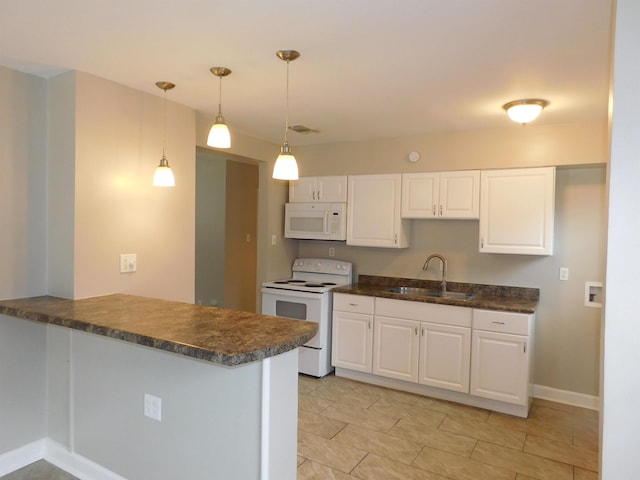 kitchen with white cabinetry, sink, white appliances, and decorative light fixtures