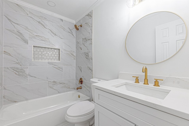 full bathroom featuring toilet, tiled shower / bath combo, vanity, and crown molding