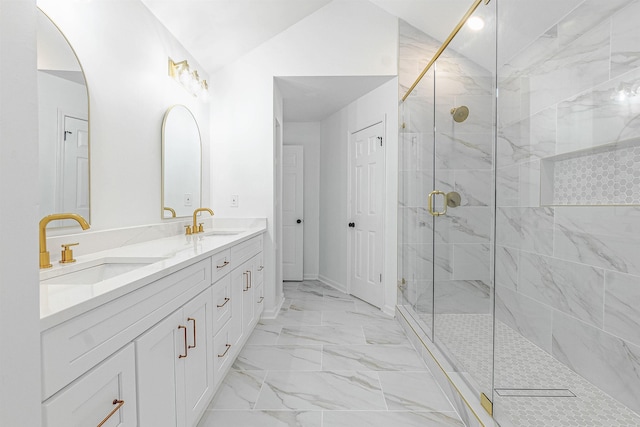 bathroom with an enclosed shower and vanity