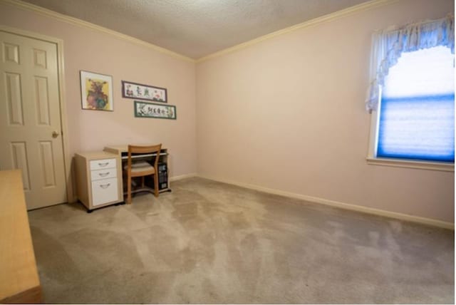 office area with a textured ceiling, crown molding, and light colored carpet