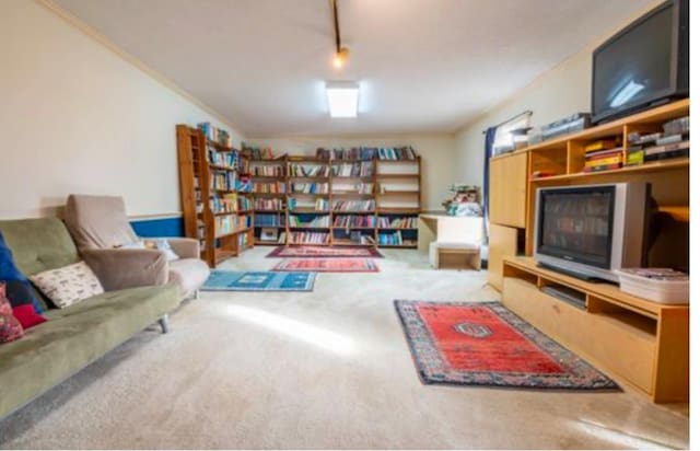 sitting room featuring crown molding and carpet flooring