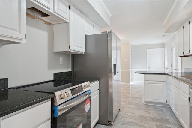 kitchen featuring white cabinets, a textured ceiling, dark stone countertops, stainless steel range with electric stovetop, and dishwasher