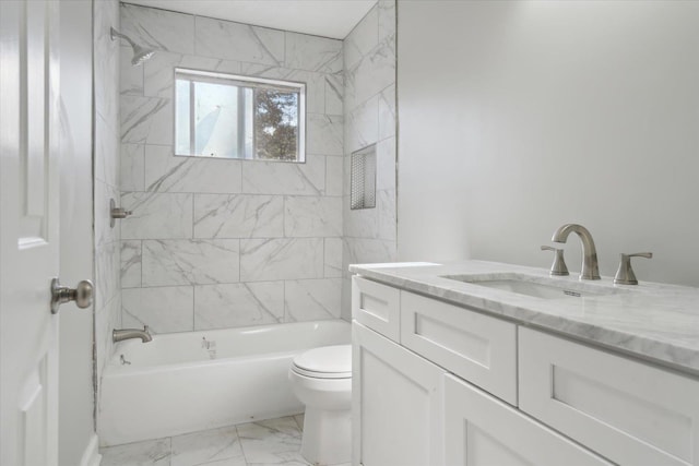 full bath featuring marble finish floor, vanity, toilet, and shower / bathtub combination