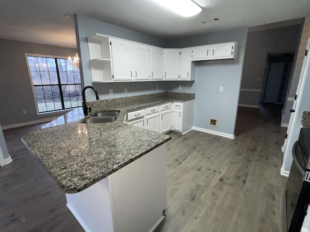 kitchen featuring sink, white cabinetry, kitchen peninsula, and dark stone counters