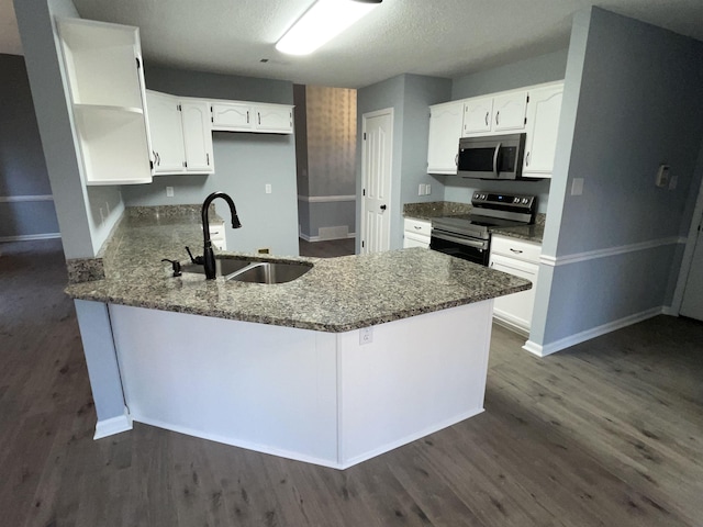 kitchen with kitchen peninsula, appliances with stainless steel finishes, white cabinetry, and sink