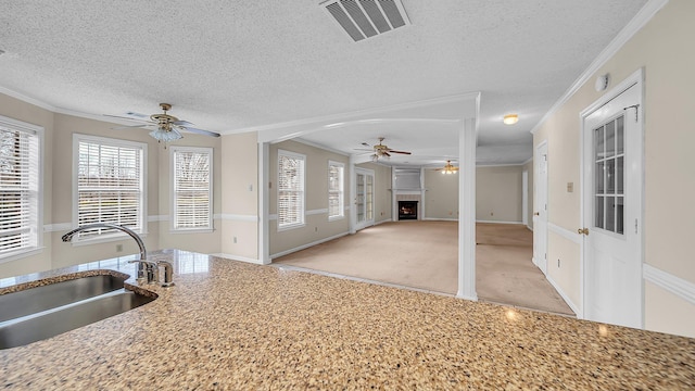 kitchen with a textured ceiling, ornamental molding, and sink