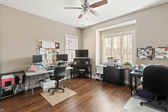 home office featuring ceiling fan and dark hardwood / wood-style floors