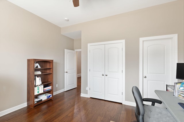 office space featuring ceiling fan and dark hardwood / wood-style flooring