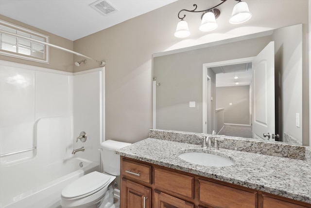 full bathroom with shower / tub combination, toilet, and vanity