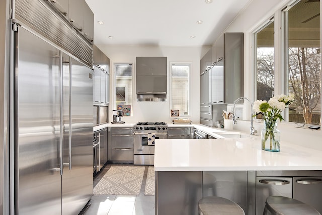 kitchen featuring a breakfast bar, premium appliances, gray cabinets, and kitchen peninsula